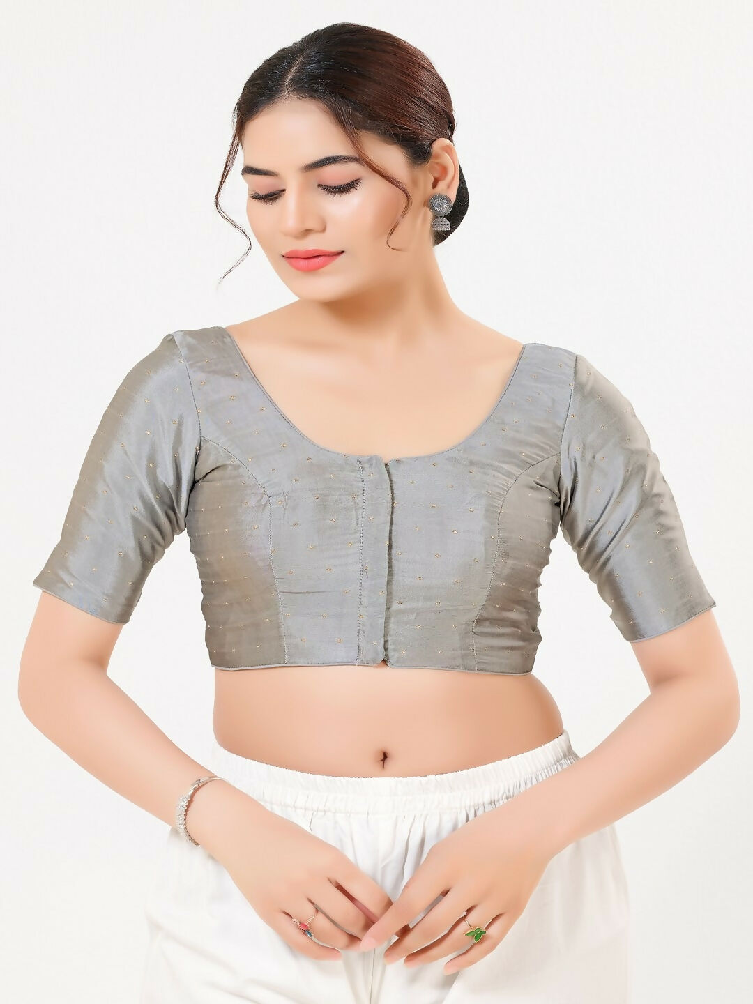 Joban Fashion Grey Taffeta Silk Elbow Sleeveless Front Open Blouse