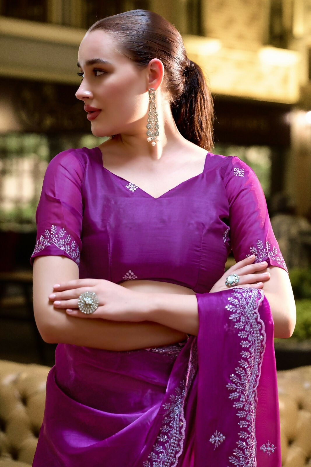 Vastranavya Purple Embroidery Work Shimmer Chiffon Saree with Unstitched Blouse