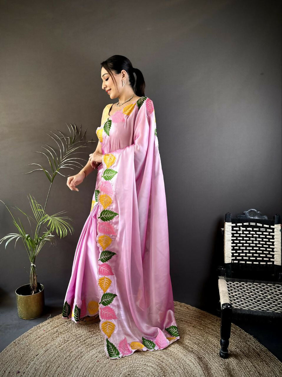 Prime Volt Multicolor Leaf Embroidery Rangoli Silk Saree with Scalloped Border-Pink - Dista