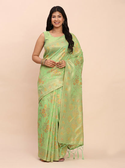 Shree Shyam Fashion Linen Cotton Green Saree - Distacart