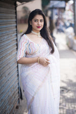 Thumbnail for White Organza Thread Saree with Unstitched Blouse - Hiral Fashion - Distacart