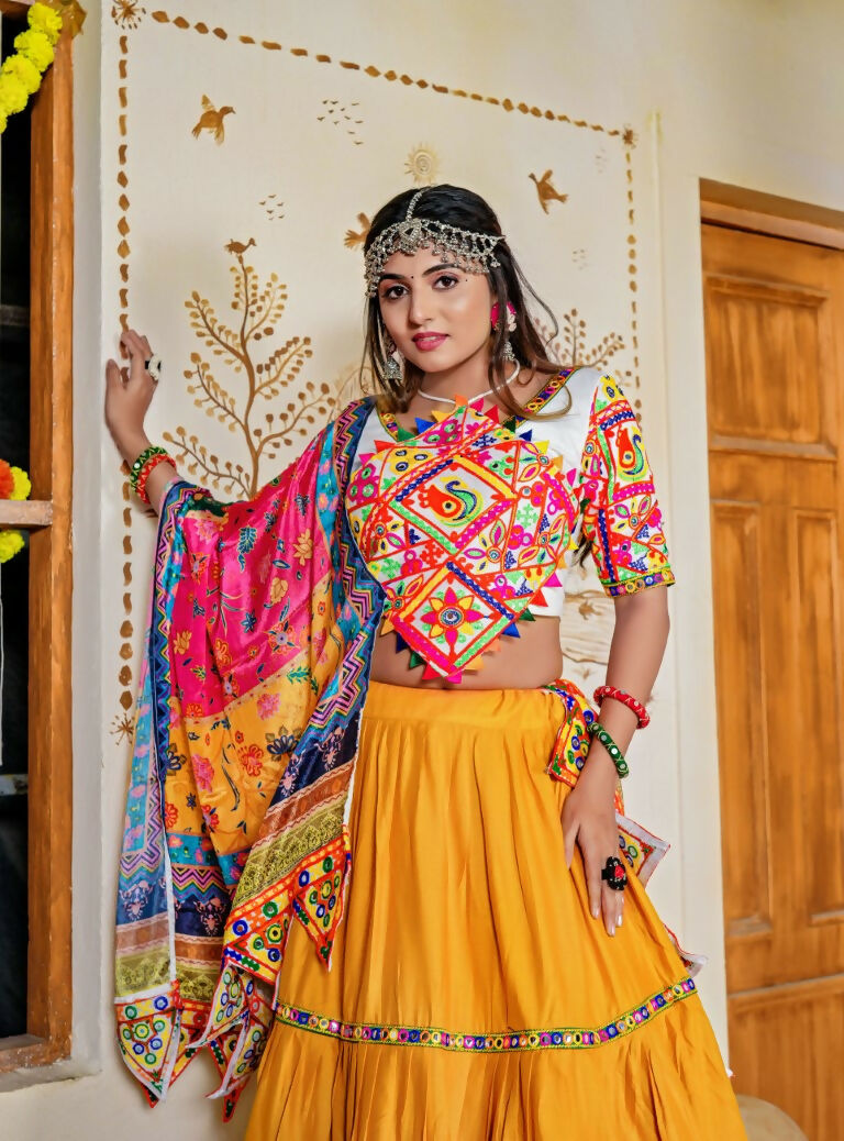 Aastha Fashion Mustard Rayon Ready Mirror Lace work Readymade Traditional Lehenga Choli Set - Distacart