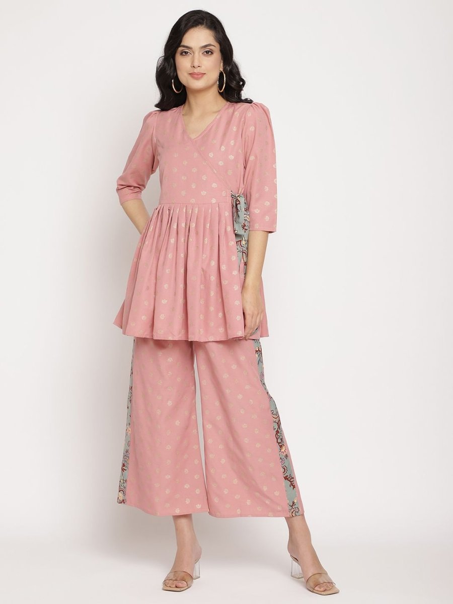 Ahalyaa Pink Ethnic Motifs Printed Angrakha Kurti With Palazzos For Women
