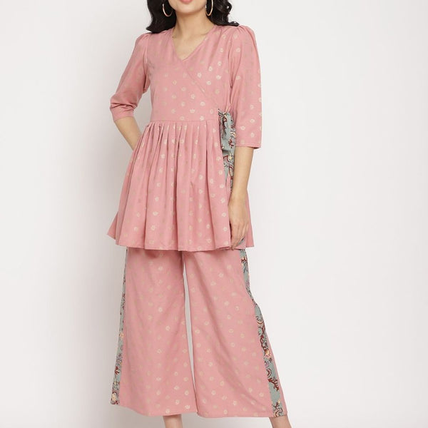 Ahalyaa Pink Ethnic Motifs Printed Angrakha Kurti With Palazzos For Women