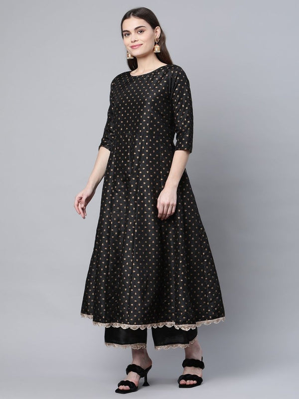 Ahalyaa Women Black Poly Silk Gold Printed Anarkali Kurta Palazzo Set With Dupatta - Distacart