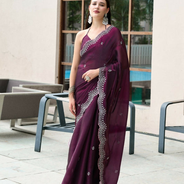 Vastranavya Wine Embroidery Work Shimmer Chiffon Saree with Unstitched Blouse