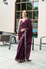 Thumbnail for Vastranavya Wine Embroidery Work Shimmer Chiffon Saree with Unstitched Blouse