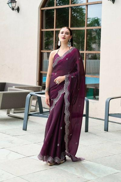Vastranavya Wine Embroidery Work Shimmer Chiffon Saree with Unstitched Blouse