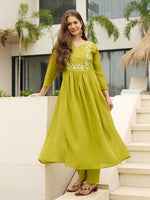 Thumbnail for The52 Lemons Women's Gorgeous Chinon Embroidered Flared Kurta with Pant And Dupatta Set - Distacart