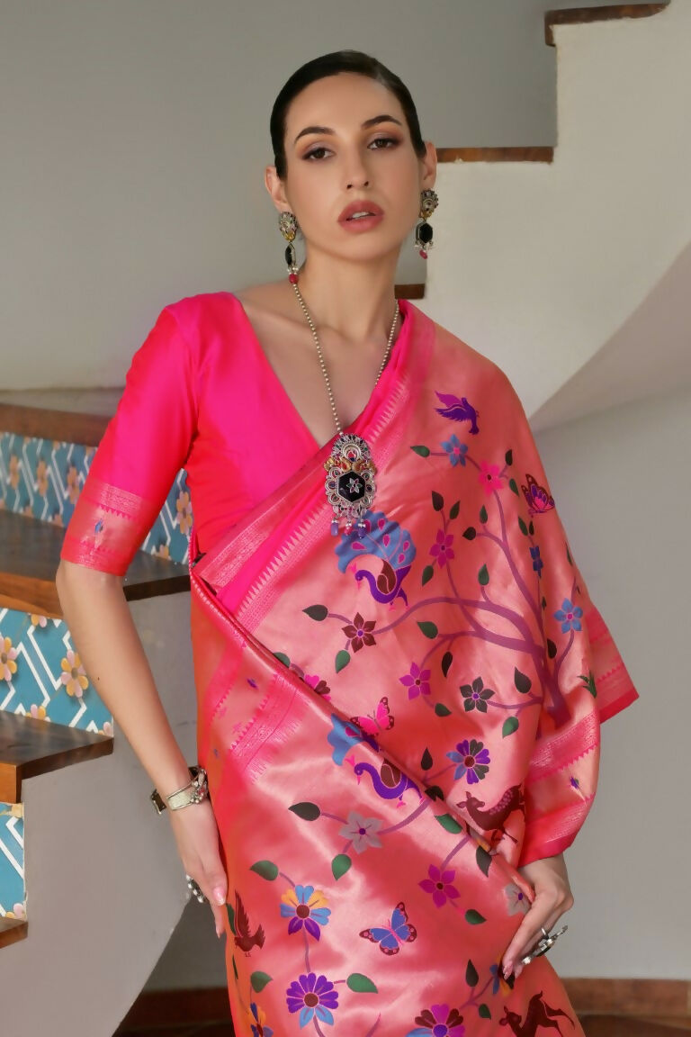 Vishnu Weaves Women's Pink Paithani Silk Zari Woven Saree with Blouse