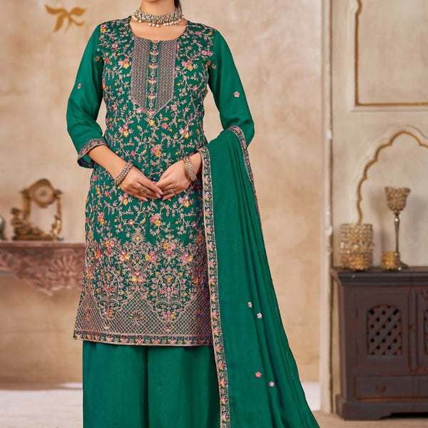 Anaita Emerald Green Vichitra Silk Readymade Palazzo Suit with Embroidery & Lace Work - Distacart