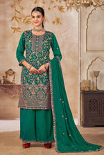 Thumbnail for Anaita Emerald Green Vichitra Silk Readymade Palazzo Suit with Embroidery & Lace Work - Distacart