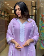 Thumbnail for The52 Lavender Women's Gorgeous Embroidered Georgette Fabric Straight Kurta Pant with Dupatta Set - Distacart