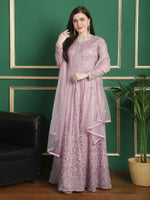 Thumbnail for Aastha Fashion Women's Purple Net Floral Resham Thread with Cording & Crystal work Anarkali Dress Set - Distacart