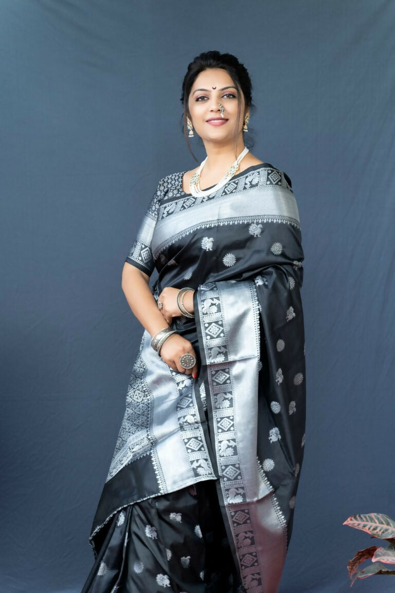 Jyoti Fashion Women's Black Soft Banarasi Silk Zari Woven Saree with Blouse - Distacart