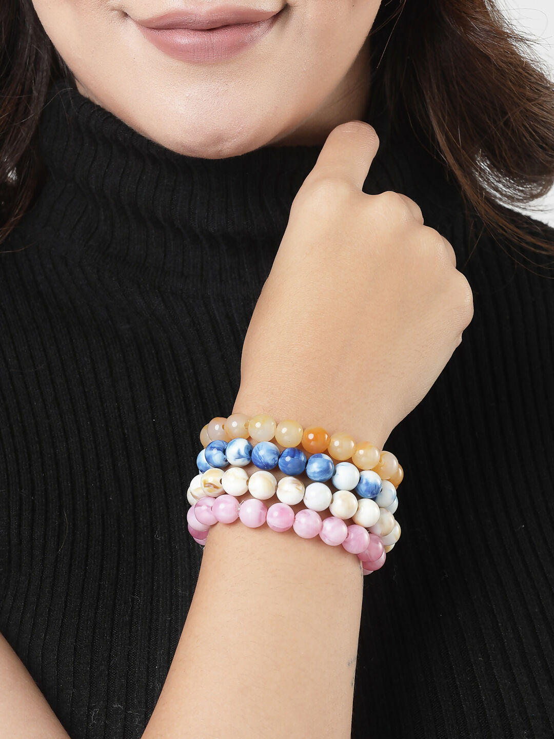 NVR Men & Women Set of 4 Artificial Beads-Beaded Evil Eye Elasticated Bracelet - Distacart