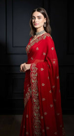 Thumbnail for Joban Fashion Red Fandy Satin Silk Party Wear Sarees - Distacart