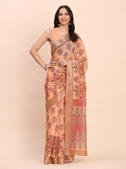 Shree Shyam Fashion Linen Cotton Orange Saree - Distacart