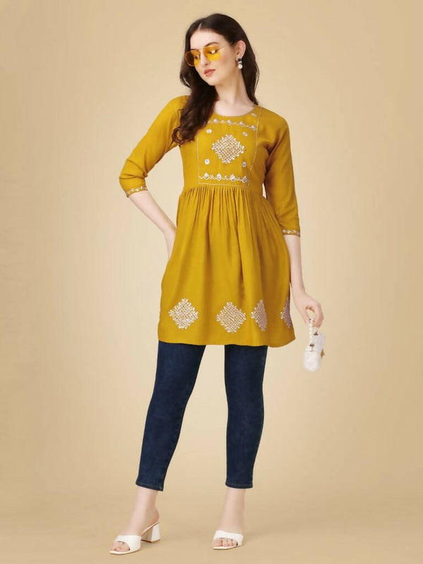 Aastha Fashion Women's Mustard Viscose Rayon Embroidered Casual Top - Distacart