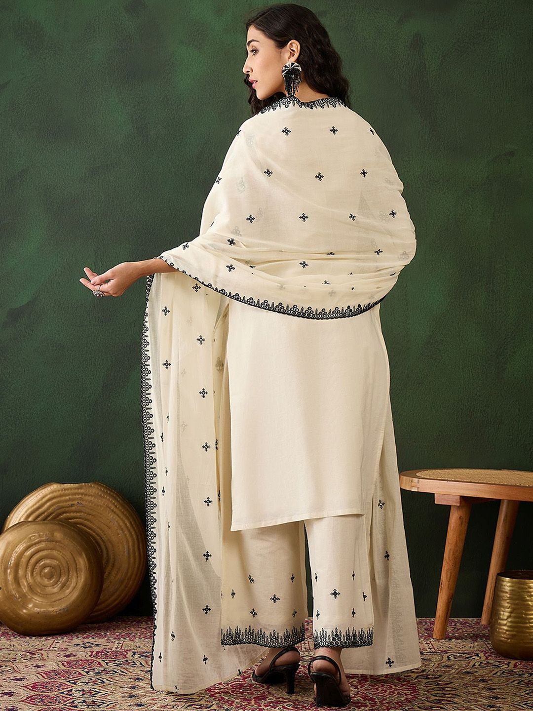 Sangria Off White Floral Embroidered Pure Cotton Mirror Work Kurta & Palazzos With Dupatta - Distacart