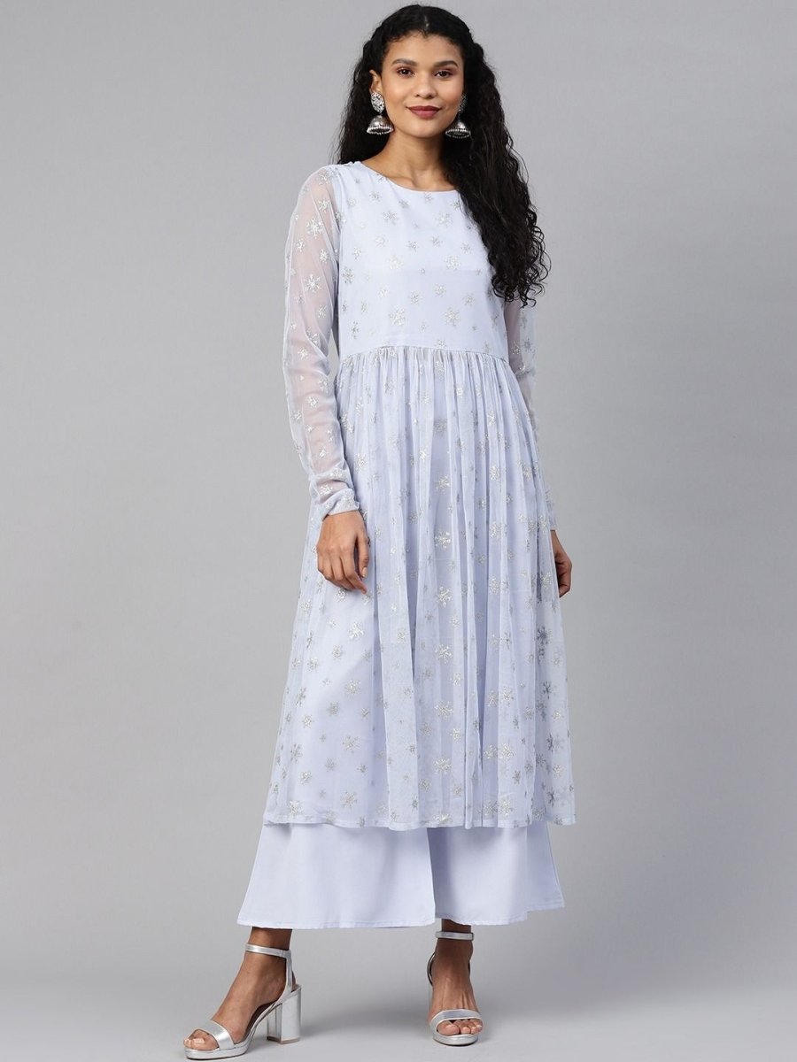 Ahalyaa Women's Blue Net Silver Glitter Printed Kurta Palazzo Set - Distacart