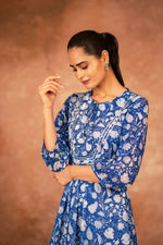 Thumbnail for Joban Fashion Blue Floral Hand Block Printed Cotton Kurta Pant Set - Distacart