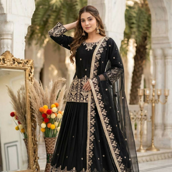 Teeya Creation New Trendy Heavy Embroidery Sequence Work With Real Mirror Hand Work Lehenga Set- Black - Dista