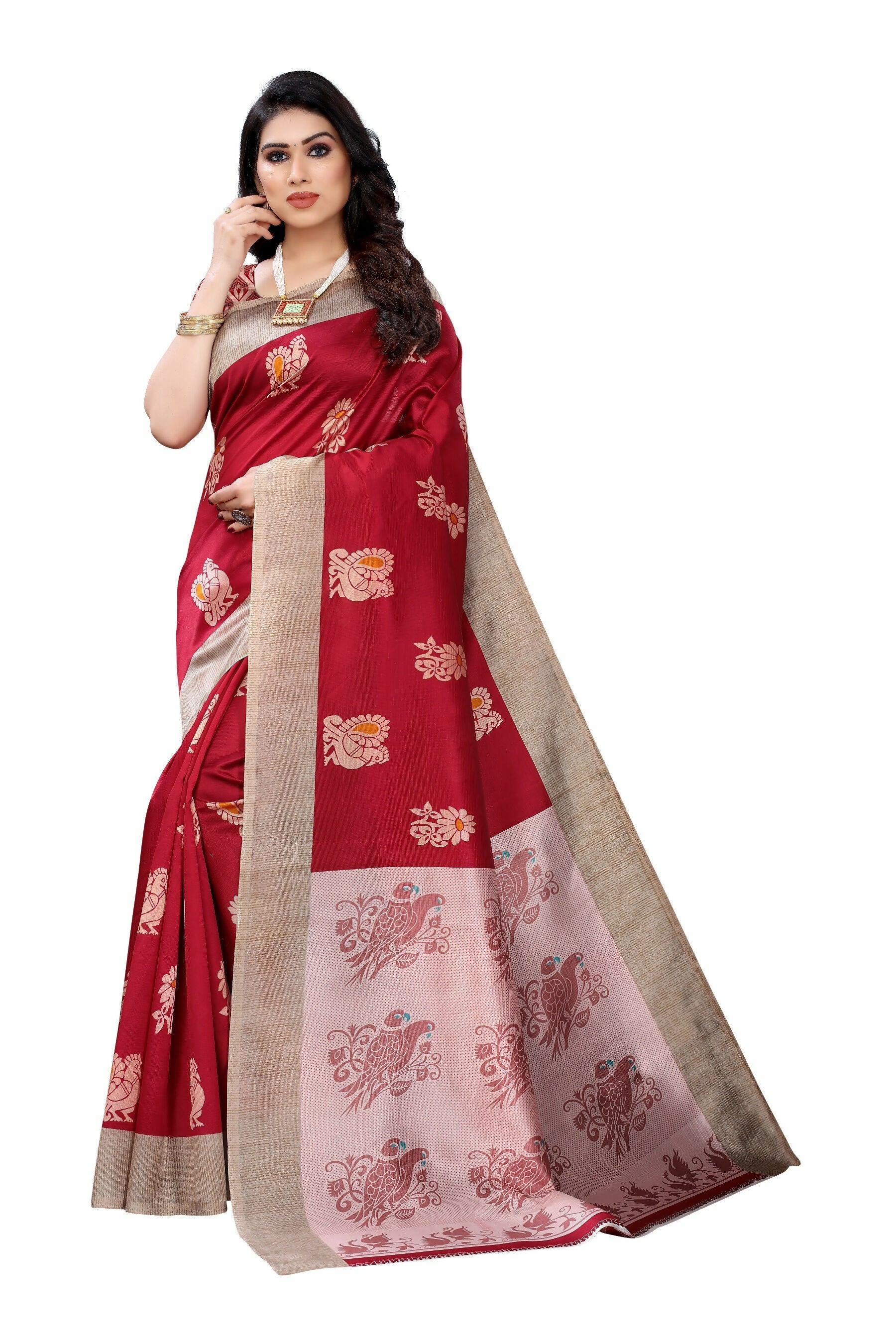Vamika Red Printed Art Silk Saree - Distacart