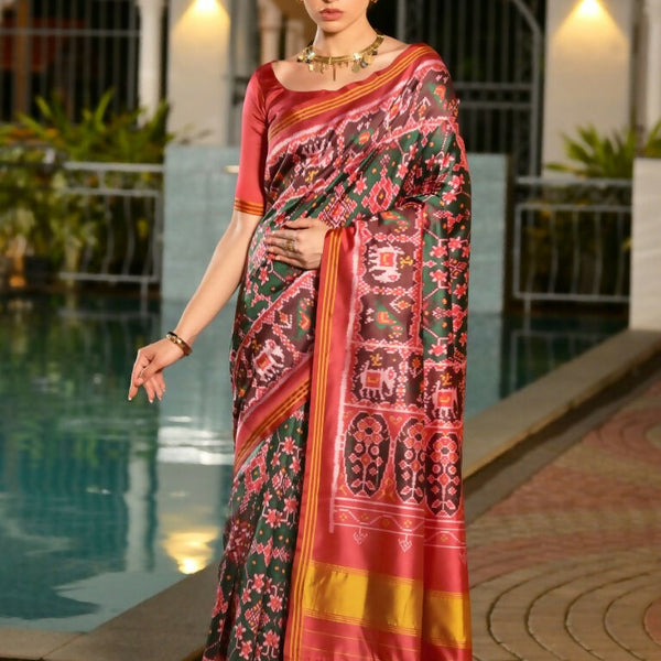 Vishnu Weaves Women's Green Banarasi Silk Patola Printed Saree with Blouse