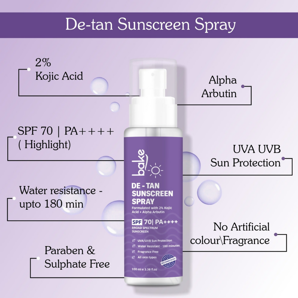 Bake De-tan Waterproof Sunscreen Spray SPF 70 PA+++ with 2% Kojic Acid - Distacart