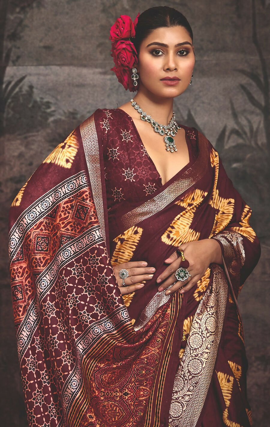 Joban Fashion Maroon Art Silk With Fine Viscose Border Ajrak Full Body Print With Soft Finish Saree