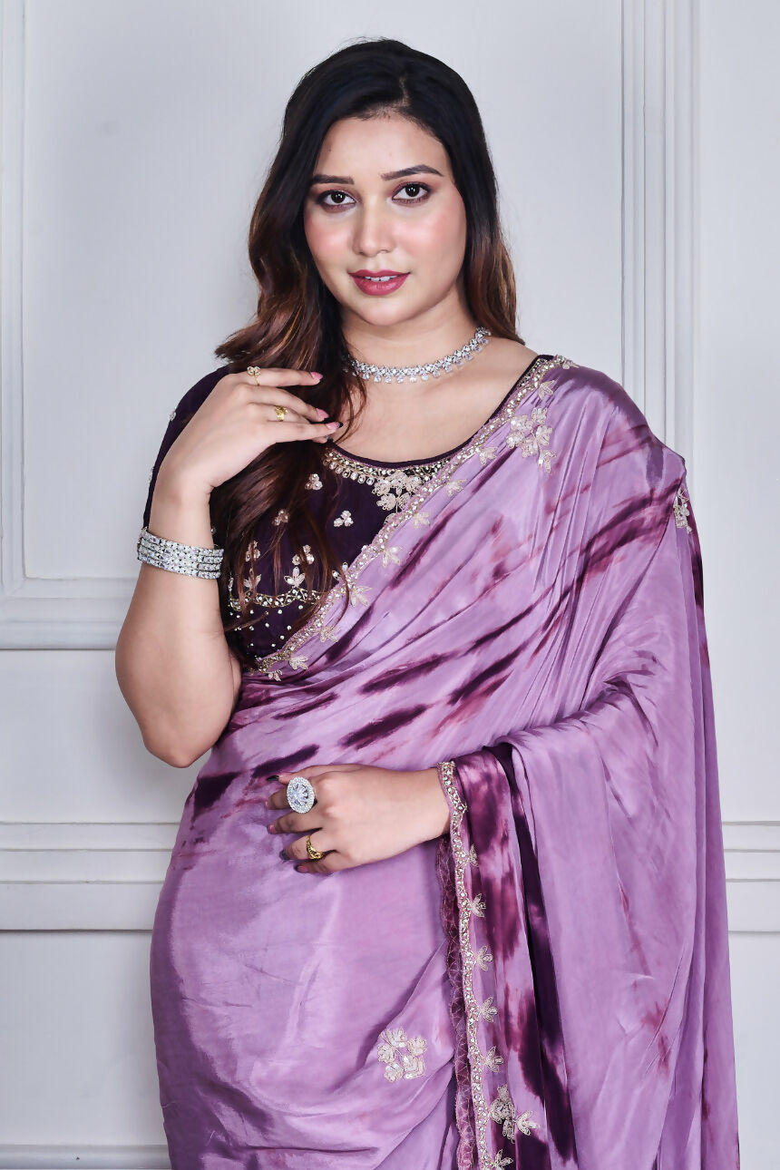 Morchari Wine Crepe Hand Embroidery Saree And Stitched Blouse