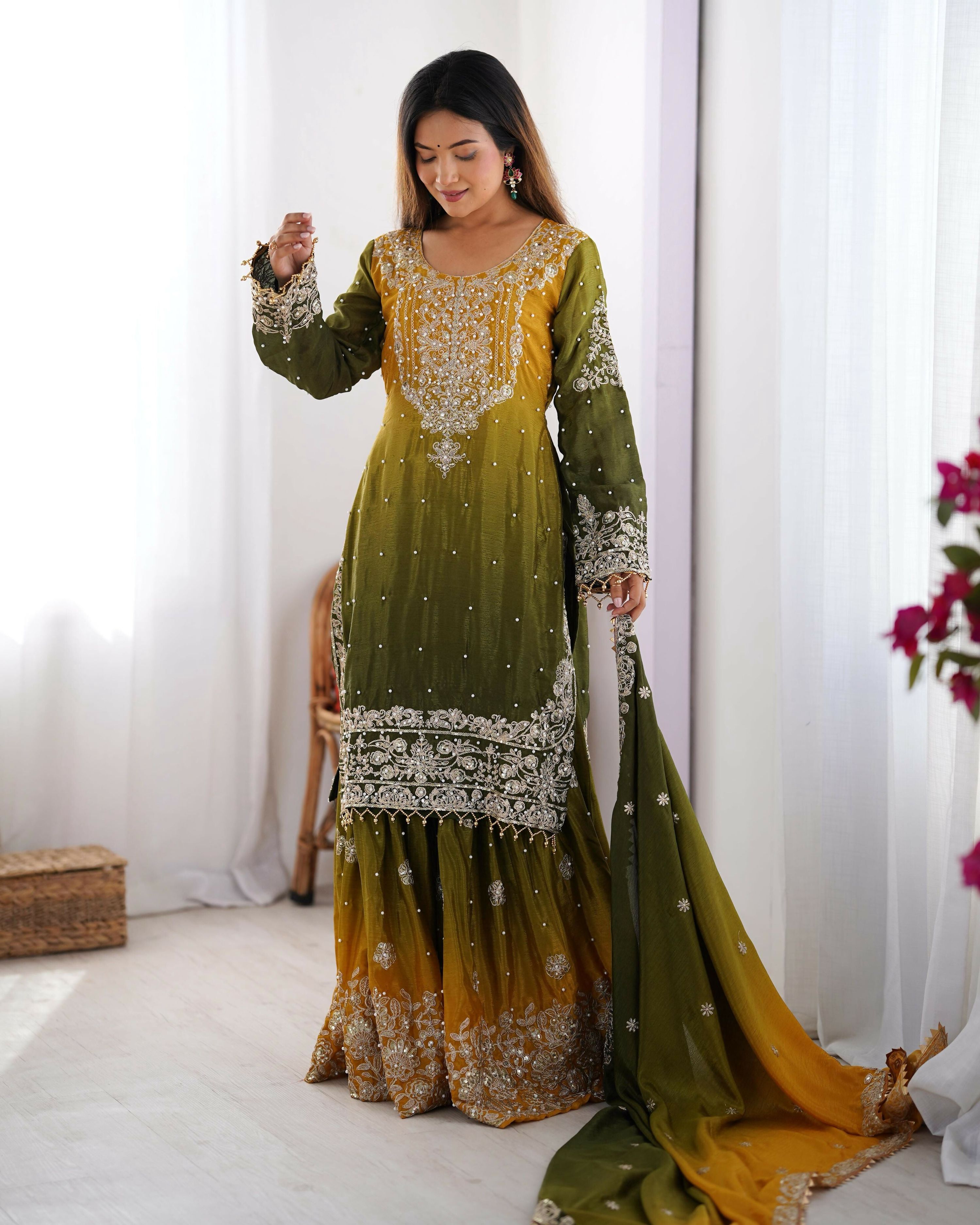 Joban Fashion Green Palazzo Chinon silk Coding Dori with Sequence with Rivet Moti