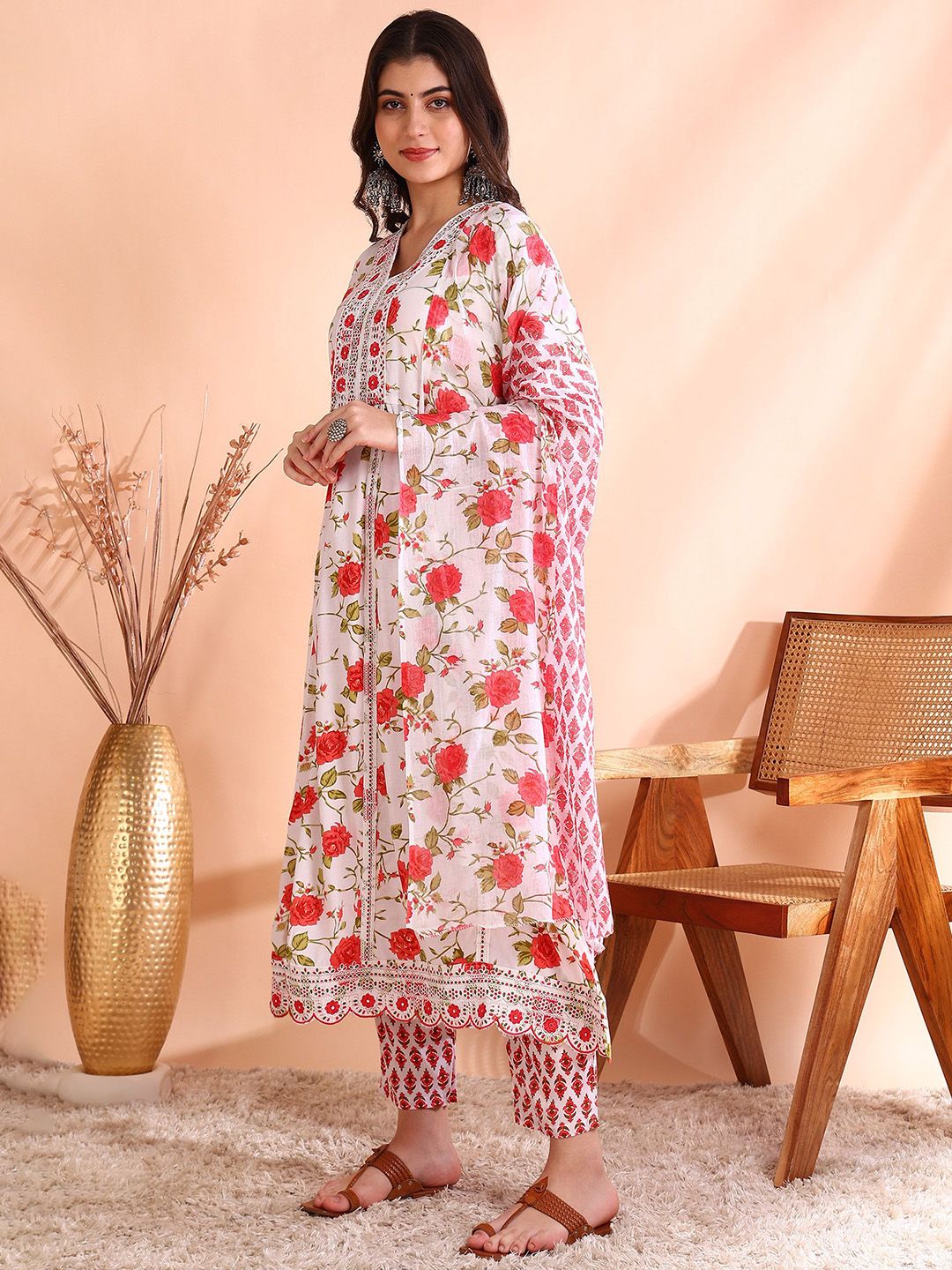 Ode by House of Pataudi Thread Work Pure Cotton Anarkali Kurta with Trousers & Dupatta - Distacart