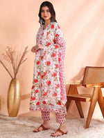 Thumbnail for Ode by House of Pataudi Thread Work Pure Cotton Anarkali Kurta with Trousers & Dupatta - Distacart