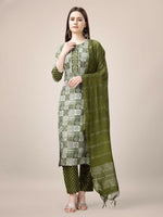 Thumbnail for Jyoti Fashion Women's Mehendi Rayon Print with Embroidery & Fancy Lace Work Kurta with Trouser & Dupatta - Distacart