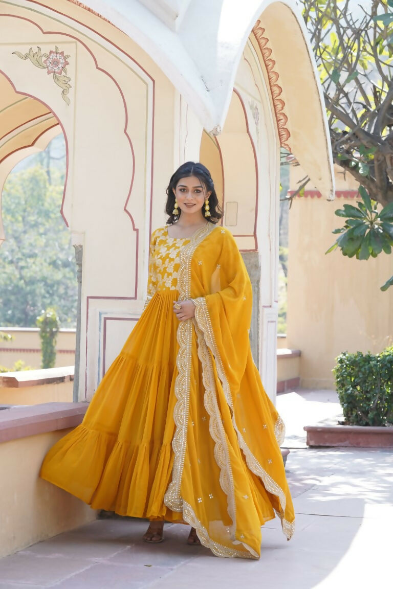 Aastha Fashion Women's Yellow Faux Georgette Jacquard with Sequins Embroidered Anarkali Dress with Dupatta - Distacart
