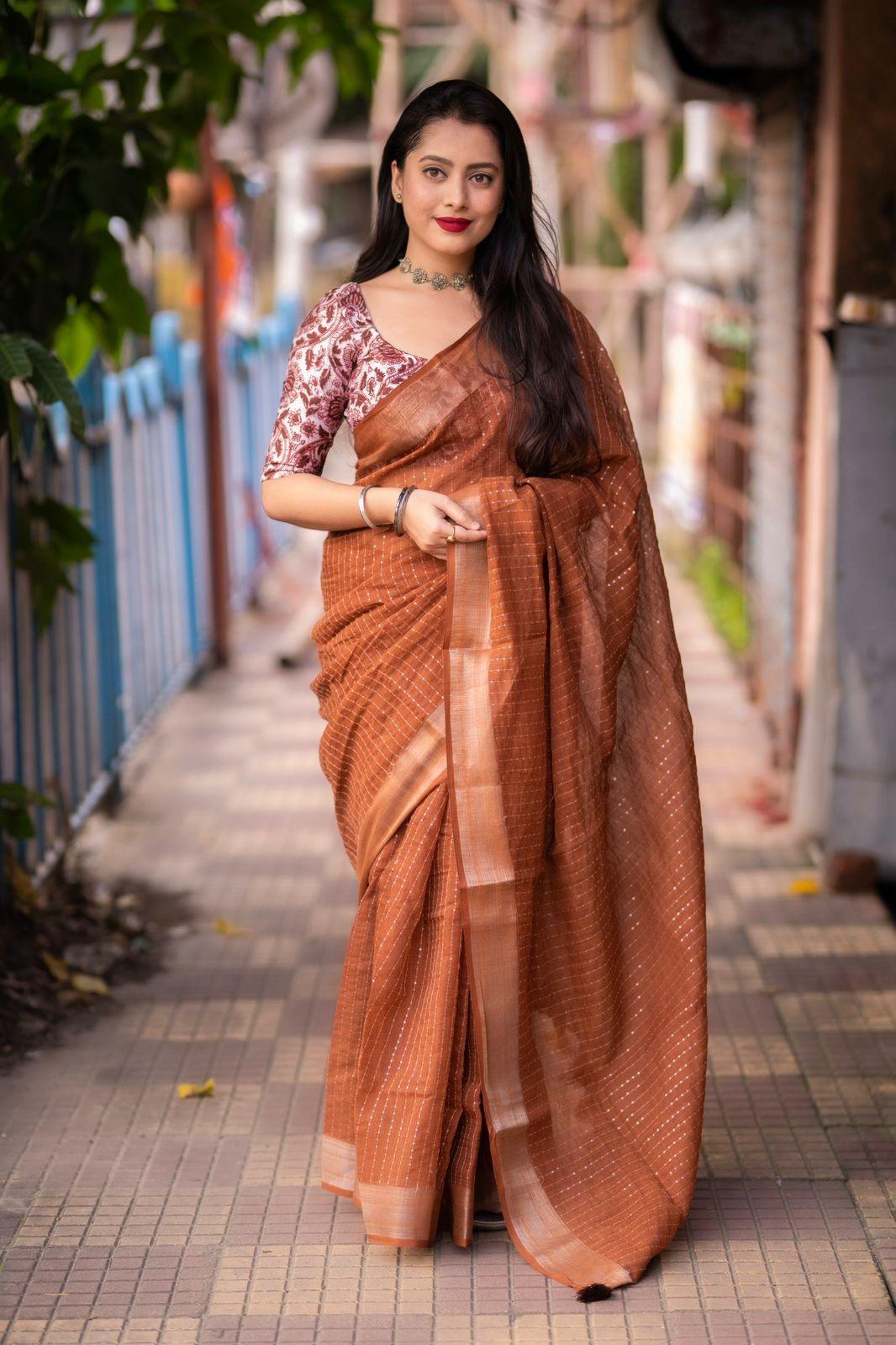 Brown Linen Sequence Saree with Unstitched Blouse - Hiral Fashion - Distacart