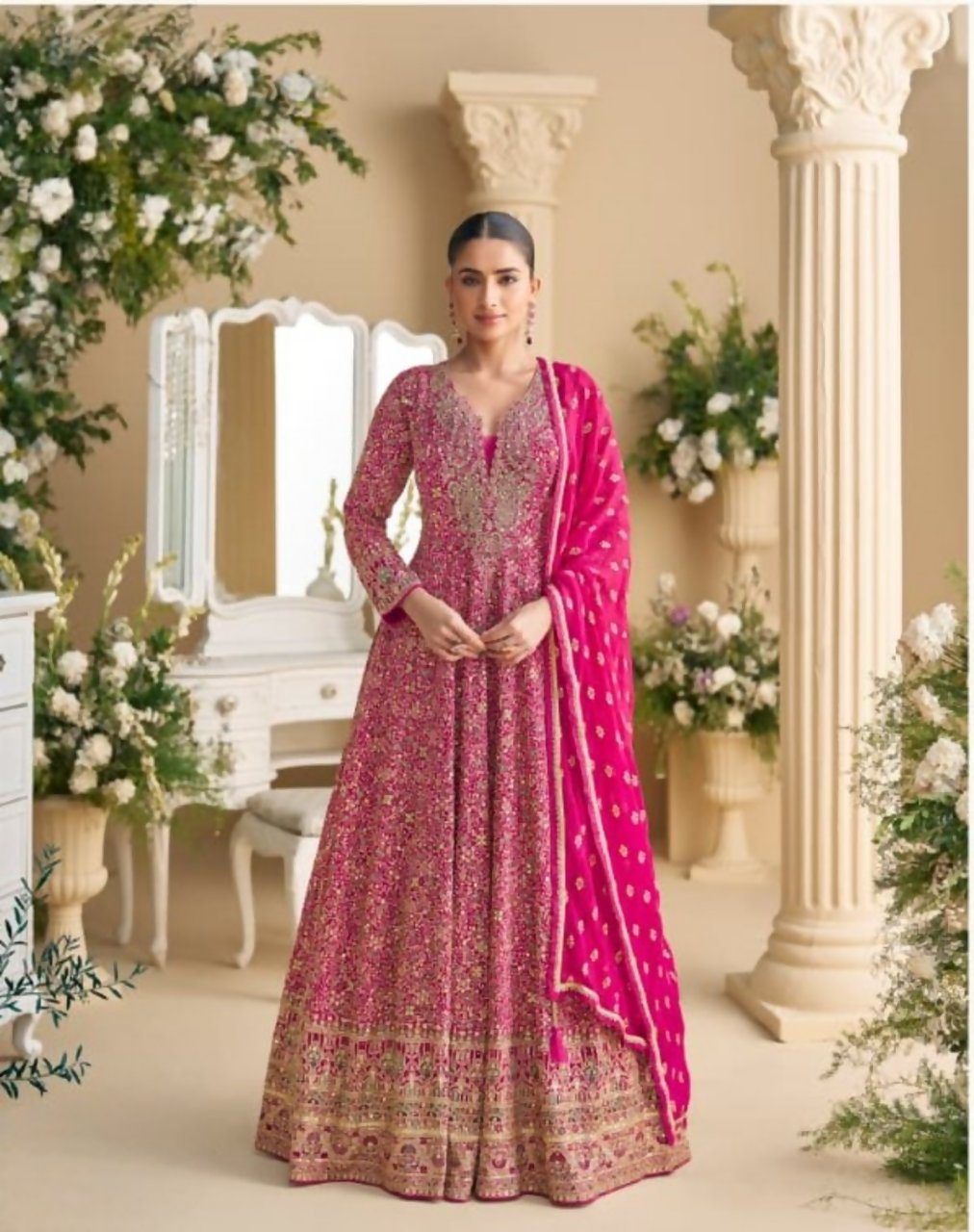 Anaita Rani Pink Real Georgette Readymade Anarkali Gown with Embroidery & Sequence Work - Distacart
