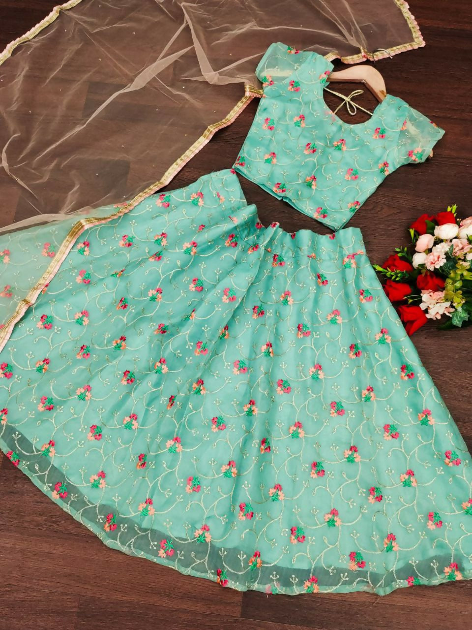 Jyoti Fashion Beautiful Sky Blue Organza Silk Embroidered Kids Lehenga Choli Set - Distacart