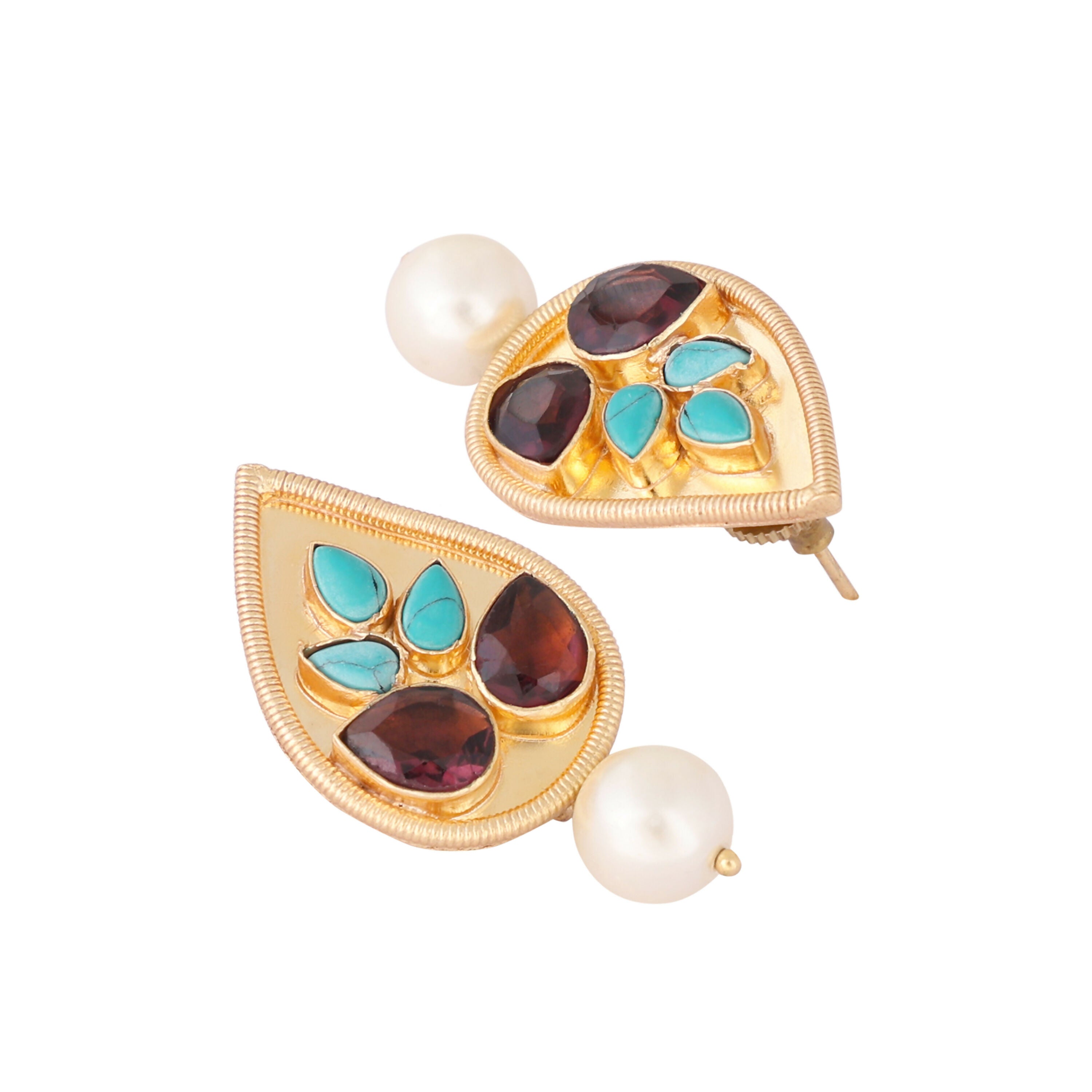 Nuyug 22K Gold Plated Faux Turquoise Stone Studded Contemporary Petal Shaped Pearl Drop Stud Earrings