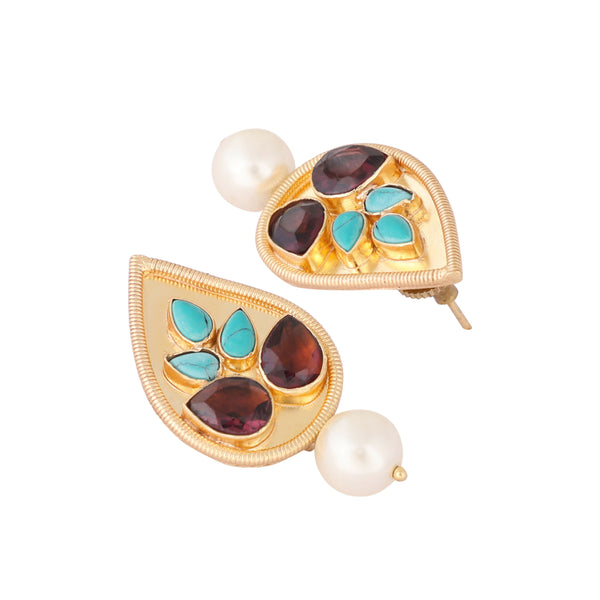 Nuyug 22K Gold Plated Faux Turquoise Stone Studded Contemporary Petal Shaped Pearl Drop Stud Earrings