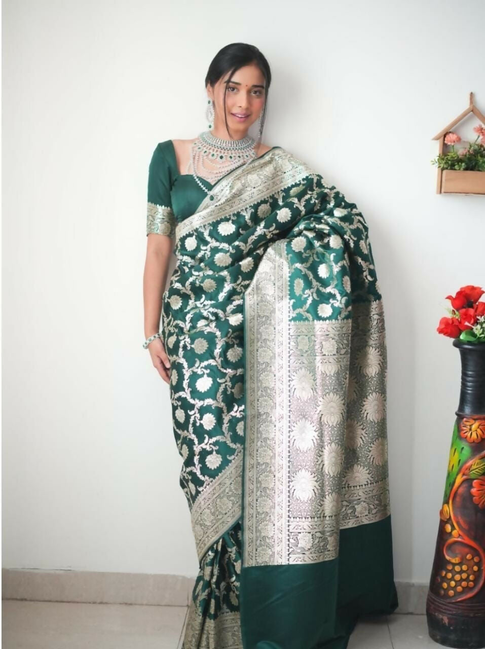 Malishka Banarasi Silk Jacquard Ready To Wear Saree With Blouse Piece - Dark Green - Distacart