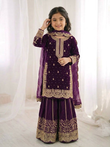 Teeya Creation New Trendy Fully Stitched Ready to Wear Kids Kurta Palazzo Set-Purple - Dista