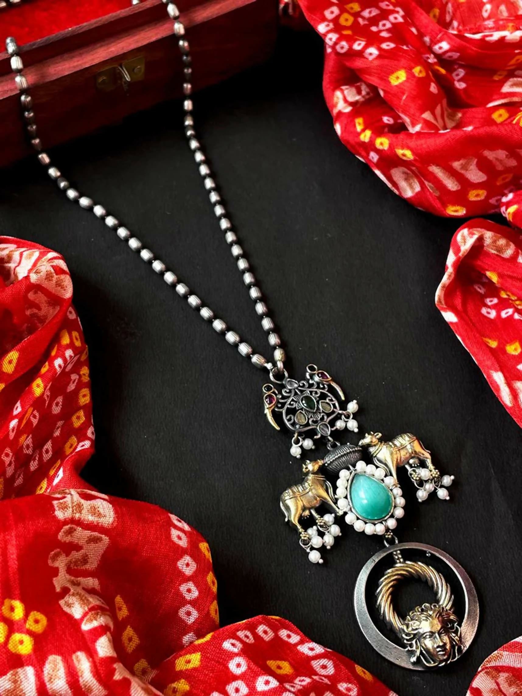 Joban Fashion Sky Blue Brass Monalisa Stone Dual Tone Beaded Pendant Chain Necklace - Distacart