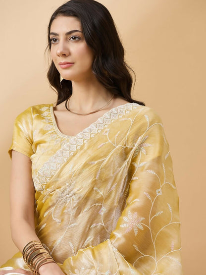 Yellow Tissue Slub Embroidered Saree with Unstitched Blouse - Vairagi - Distacart