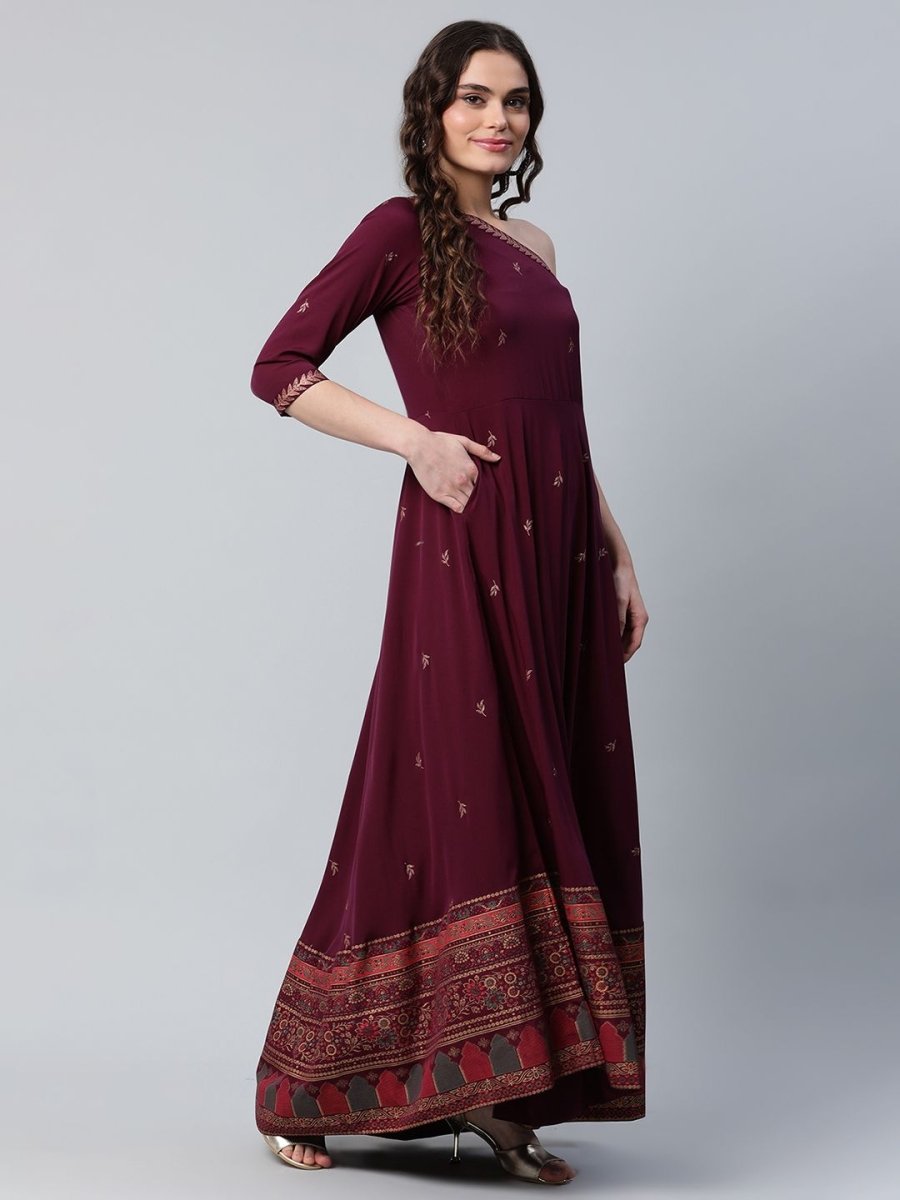 Ahalyaa Women Burgundy & Gold-Toned Ethnic Motifs One Shoulder Ethnic Maxi Dress - Distacart
