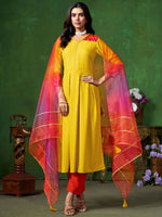 Thumbnail for Sangria Yellow V-Neck Three-Quarter Sleeves Regular Gotta Patti Anarkali Kurta & Dupatta