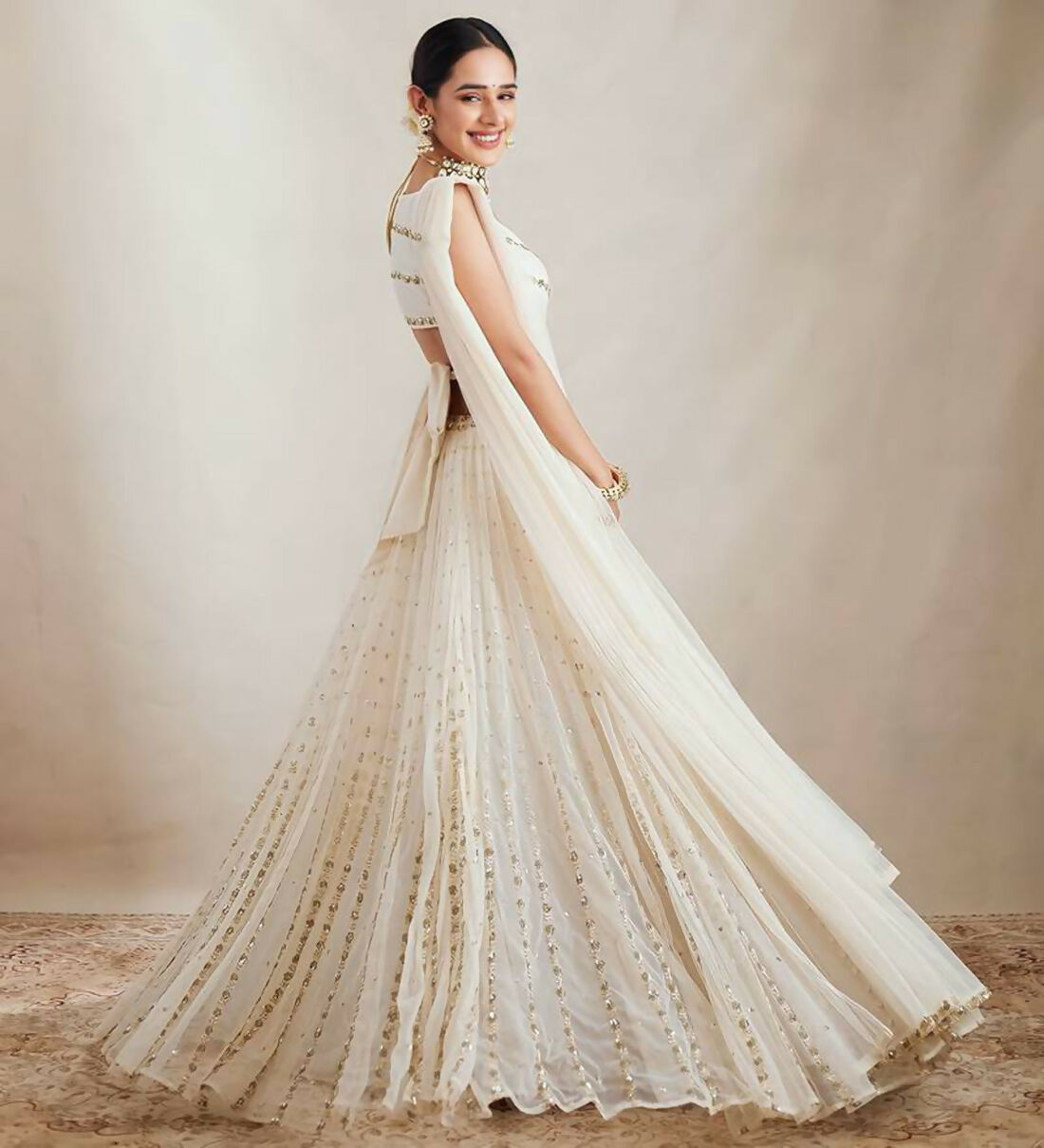 Jyoti Fashion Graceful Off White Sequence With Zari Embroidered Georgette Lehenga Choli with Dupatta - Distacart