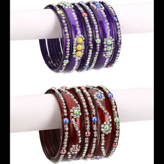 Afast Bridal Wedding & Party Fashionable Colorful Glass Bangle/Kada Set, Pack Of 12 - Maroon, Blue - Distacart